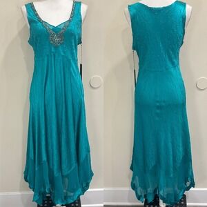 Komarov Beaded V-Neck Pleated Midi Dress Teal Blue Green Large NWT Art-to-Wear